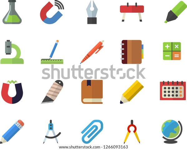 Color flat icon set measure flat vector,\
stationery knife, chemistry, magnet, dividers, marker, calendar,\
calculator, microscope, clip, ink pen, pencil, textbook, sports\
equipment horse,\
notebook