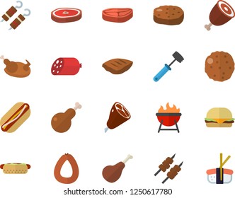 Color flat icon set meat hammer flat vector, barbecue, chop, ham, sausage, hamburger, hot dog, chicken, shashlik, cutlet, sashimi