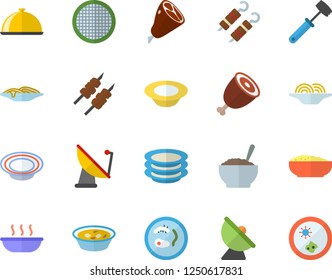 Color flat icon set meat hammer flat vector, dish, sieve, plates, spaghetti, soup, porridge, ham, shashlik, satellite antenna, Petri