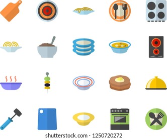 Color flat icon set meat hammer flat vector, cutting board, electric stove, induction cooker, dish, table setting, plates, spaghetti, soup, porridge, canape, pancakes, fector