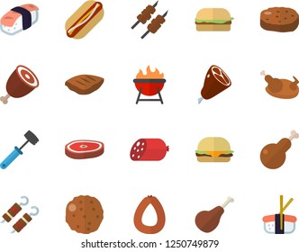 Color flat icon set meat hammer flat vector, barbecue, ham, sausage, hamburger, hot dog, chicken, chop, shashlik, cutlet, sashimi