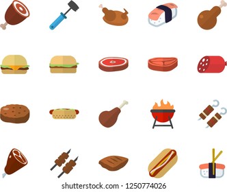 Color flat icon set meat hammer flat vector, barbecue, chop, ham, sausage, hamburger, hot dog, chicken, shashlik, cutlet, sashimi