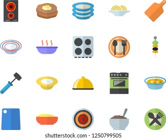 Color flat icon set meat hammer flat vector, cutting board, electric stove, induction cooker, dish, table setting, plates, spaghetti, soup, porridge, canape, pancakes, fector