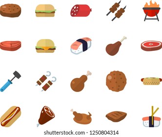 Color flat icon set meat hammer flat vector, barbecue, chop, ham, sausage, hamburger, hot dog, chicken, shashlik, cutlet, sashimi