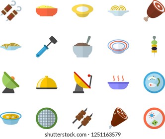 Color flat icon set meat hammer flat vector, dish, sieve, spaghetti, soup, porridge, ham, shashlik, canape, satellite antenna, Petri