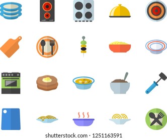 Color flat icon set meat hammer flat vector, cutting board, electric stove, induction cooker, dish, table setting, plates, spaghetti, soup, porridge, canape, pancakes, fector
