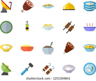 Color flat icon set meat hammer flat vector, dish, sieve, plates, spaghetti, soup, porridge, ham, shashlik, canape, satellite antenna, Petri