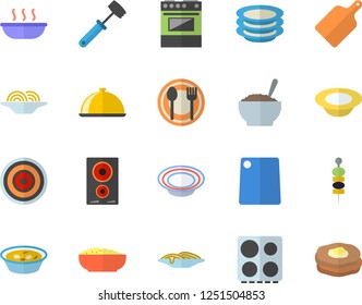 Color flat icon set meat hammer flat vector, cutting board, electric stove, induction cooker, dish, table setting, plates, spaghetti, soup, porridge, canape, pancakes