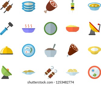 Color flat icon set meat hammer flat vector, dish, sieve, plates, spaghetti, soup, porridge, ham, shashlik, canape, satellite antenna, Petri