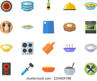 Color flat icon set meat hammer flat vector, cutting board, electric stove, induction cooker, dish, table setting, plates, spaghetti, soup, porridge, canape, pancakes, fector