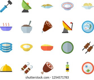 Color flat icon set meat hammer flat vector, dish, sieve, plates, spaghetti, soup, porridge, ham, shashlik, canape, satellite antenna, Petri