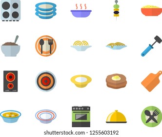 Color flat icon set meat hammer flat vector, cutting board, electric stove, induction cooker, dish, table setting, plates, spaghetti, soup, porridge, canape, pancakes, fector