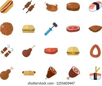 Color flat icon set meat hammer flat vector, chop, ham, sausage, hamburger, hot dog, chicken, shashlik, cutlet, sashimi