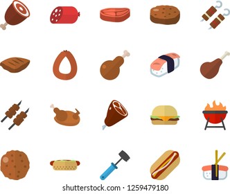Color flat icon set meat hammer flat vector, barbecue, chop, ham, sausage, hamburger, hot dog, chicken, shashlik, cutlet, sashimi