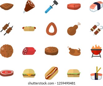 Color flat icon set meat hammer flat vector, barbecue, chop, sausage, hamburger, hot dog, chicken, ham, shashlik, cutlet, sashimi
