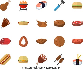 Color flat icon set meat hammer flat vector, barbecue, chop, sausage, hamburger, hot dog, chicken, ham, shashlik, cutlet, sashimi