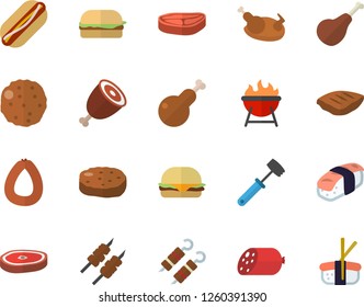 Color flat icon set meat hammer flat vector, barbecue, chop, ham, sausage, hamburger, hot dog, chicken, shashlik, cutlet, sashimi