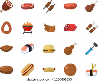 Color flat icon set meat hammer flat vector, barbecue, chop, ham, sausage, hamburger, hot dog, chicken, shashlik, cutlet, sashimi