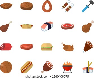 Color flat icon set meat hammer flat vector, barbecue, chop, ham, sausage, hamburger, hot dog, chicken, shashlik, cutlet, sashimi