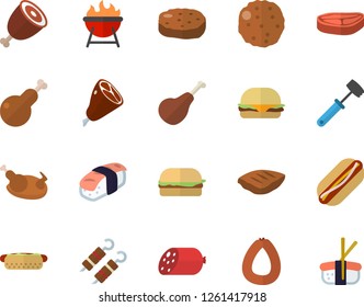 Color flat icon set meat hammer flat vector, barbecue, chop, ham, sausage, hamburger, hot dog, chicken, shashlik, cutlet, sashimi