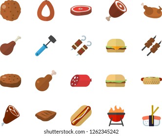 Color flat icon set meat hammer flat vector, barbecue, ham, sausage, hamburger, hot dog, chicken, chop, shashlik, cutlet, sashimi