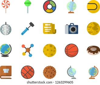 Color flat icon set meat hammer flat vector, cookbook, donut, lollipop, biscuit, molecules, clircle diagram, document, moon, globe, basketball, tennis ball, disco fector, camera