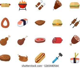 Color flat icon set meat hammer flat vector, barbecue, ham, sausage, hamburger, hot dog, chicken, chop, shashlik, cutlet, sashimi