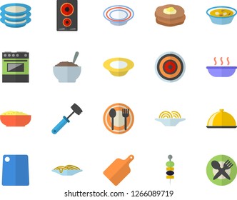 Color flat icon set meat hammer flat vector, cutting board, electric stove, induction cooker, dish, table setting, plates, spaghetti, soup, porridge, canape, pancakes, fector