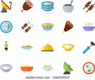 Color flat icon set meat hammer flat vector, dish, plates, spaghetti, soup, porridge, ham, shashlik, canape, satellite antenna, Petri