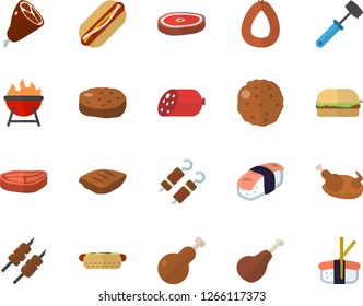 Color flat icon set meat hammer flat vector, barbecue, chop, ham, sausage, hamburger, hot dog, chicken, shashlik, cutlet, sashimi