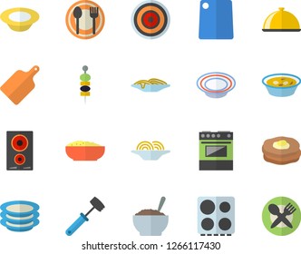 Color flat icon set meat hammer flat vector, cutting board, electric stove, induction cooker, dish, table setting, plates, spaghetti, soup, porridge, canape, pancakes, fector