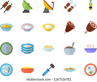 Color flat icon set meat hammer flat vector, sieve, plates, spaghetti, dish, soup, porridge, ham, shashlik, canape, satellite antenna, Petri