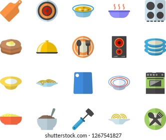 Color flat icon set meat hammer flat vector, cutting board, electric stove, induction cooker, dish, table setting, plates, spaghetti, soup, porridge, pancakes, fector