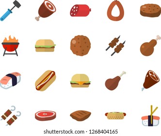 Color flat icon set meat hammer flat vector, barbecue, ham, sausage, hamburger, hot dog, chicken, chop, shashlik, cutlet, sashimi