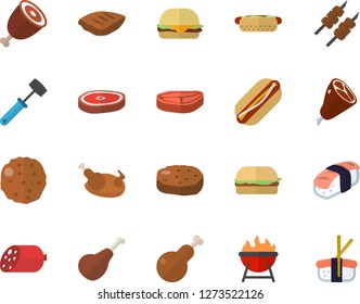 Color flat icon set meat hammer flat vector, barbecue, chop, ham, sausage, hamburger, hot dog, chicken, shashlik, cutlet, sashimi