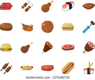 Color flat icon set meat hammer flat vector, chop, ham, sausage, hamburger, hot dog, chicken, shashlik, cutlet, sashimi