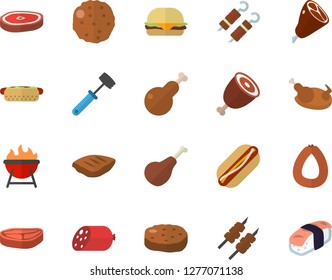 Color flat icon set meat hammer flat vector, barbecue, chop, ham, sausage, hamburger, hot dog, chicken, shashlik, cutlet, sashimi