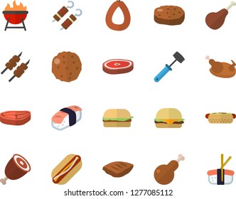 Color flat icon set meat hammer flat vector, barbecue, chop, ham, sausage, hamburger, hot dog, chicken, shashlik, cutlet, sashimi