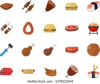 Color flat icon set meat hammer flat vector, barbecue, chop, ham, sausage, hamburger, hot dog, chicken, shashlik, cutlet, sashimi