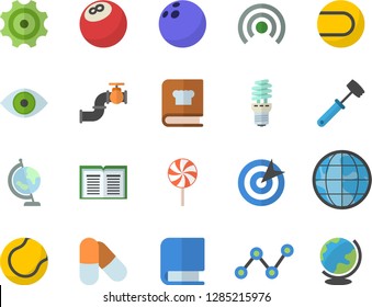 Color flat icon set meat hammer flat vector, cookbook, lollipop, main pipeline, cogwheel, energy saving lamp, earth, scatter chart, eye, target, book, globe, bowling ball, tennis, pills, broadcast
