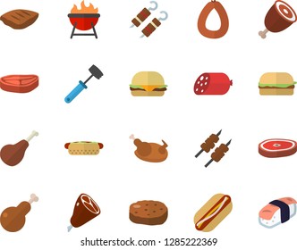 Color flat icon set meat hammer flat vector, barbecue, chop, ham, sausage, hamburger, hot dog, chicken, shashlik, cutlet, sashimi