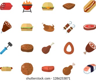 Color flat icon set meat hammer flat vector, barbecue, chop, ham, sausage, hamburger, hot dog, chicken, shashlik, cutlet, sashimi