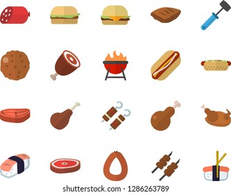 Color flat icon set meat hammer flat vector, barbecue, chop, ham, sausage, hamburger, hot dog, chicken, shashlik, cutlet, sashimi