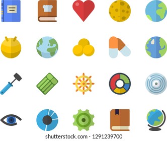 Color flat icon set meat hammer flat vector, cookbook, earth, cogwheel, heart, clircle diagram, moon, textbook, fitball, pills, fector, steering wheel, inflatable mattress, eye, target, globe