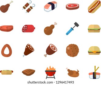 Color flat icon set meat hammer flat vector, barbecue, chop, ham, sausage, hamburger, hot dog, chicken, shashlik, cutlet, sashimi