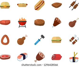Color flat icon set meat hammer flat vector, barbecue, chop, ham, sausage, hamburger, hot dog, chicken, shashlik, cutlet, sashimi