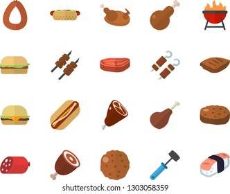 Color flat icon set meat hammer flat vector, barbecue, chop, ham, sausage, hamburger, hot dog, chicken, shashlik, cutlet, sashimi