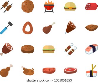 Color flat icon set meat hammer flat vector, barbecue, chop, ham, sausage, hamburger, chicken, shashlik, cutlet, sashimi