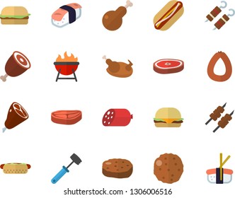 Color flat icon set meat hammer flat vector, barbecue, chop, sausage, hamburger, hot dog, chicken, ham, shashlik, cutlet, sashimi