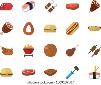 Color flat icon set meat hammer flat vector, barbecue, chop, ham, sausage, hamburger, hot dog, chicken, shashlik, cutlet, sashimi